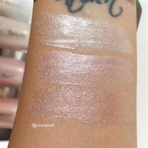Swatches of Rare Beauty Always An Optimist Illuminating Primer, Flaunt Highlighter, Bliss Liquid Blush, and Joy Liquid Blush