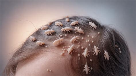 Illustration of a human head with magnified view of lice and nits on hair shafts, highlighting the scalp and areas behind the ears.