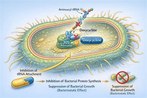 Diagram illustrating the mechanism of action of doxycycline on bacterial protein synthesis.