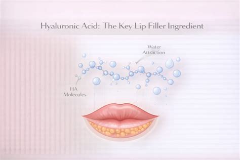 Infographic illustrating how hyaluronic acid attracts and retains water molecules on the lips.