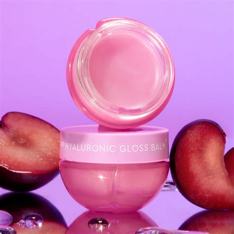 Product shot of Glow Recipe Plum Plump Hyaluronic Gloss Balm, showcasing its texture and packaging.