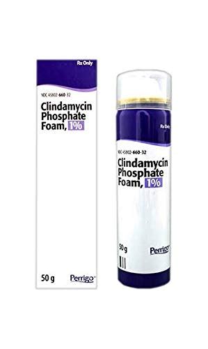 Diagram illustrating the correct application of topical clindamycin foam, showing dispensing into the cap and massaging into the skin.
