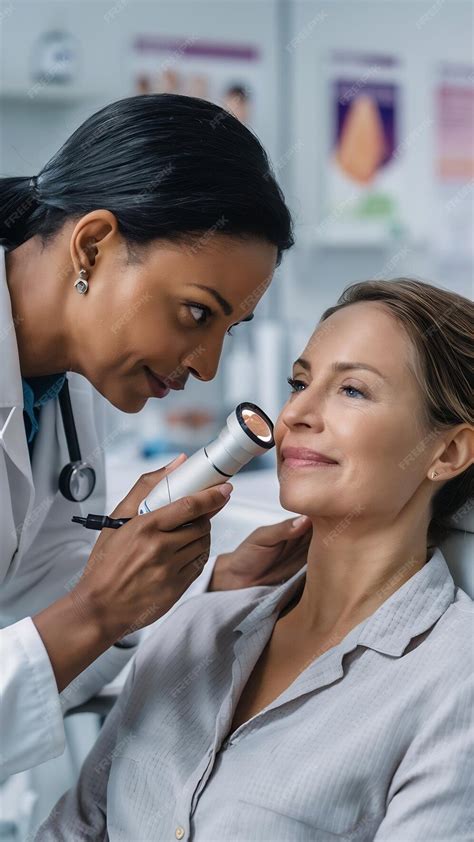 A split image: one side shows a dermatologist examining a patient's skin with a dermatoscope, the other side shows a close-up of healthy, clear skin.