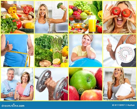 Collage of images: yoga poses, healthy food, a person sleeping peacefully.