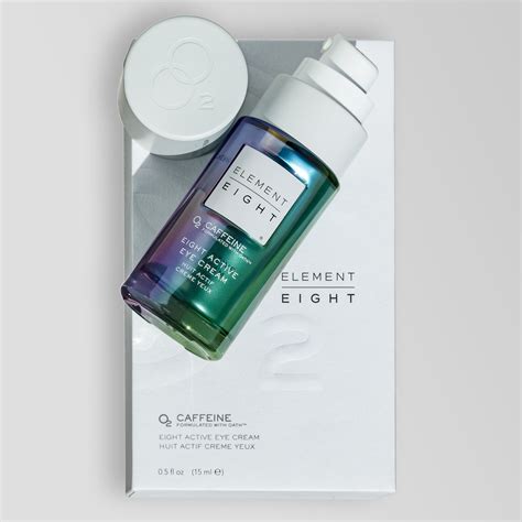 Close-up shot of the Element Eight product line: O2 Niacinamide, O2 Peptide, O2 Squalane, O2 Hyaluronic Acid, and O2 Caffeine.