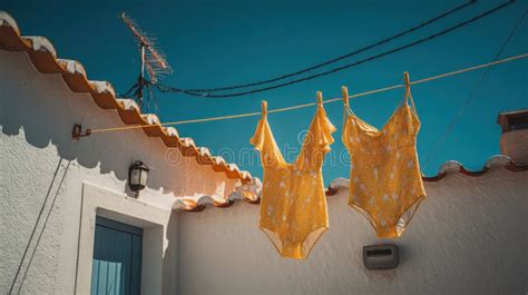 swimsuits drying on a clothesline in the sun