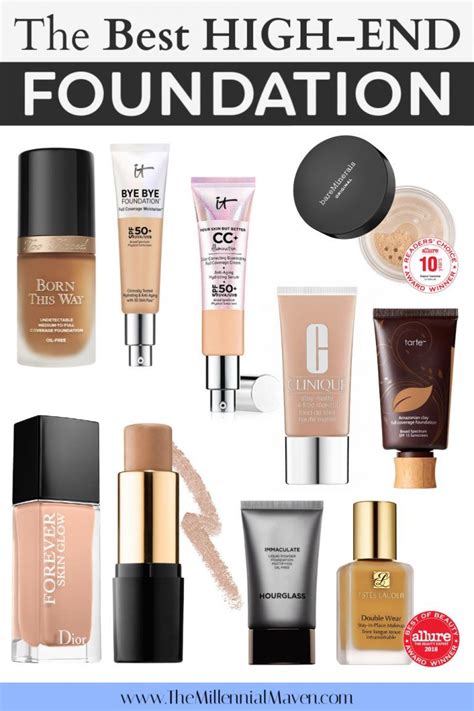 A split image showing popular drugstore foundations on one side and high-end foundations on the other.
