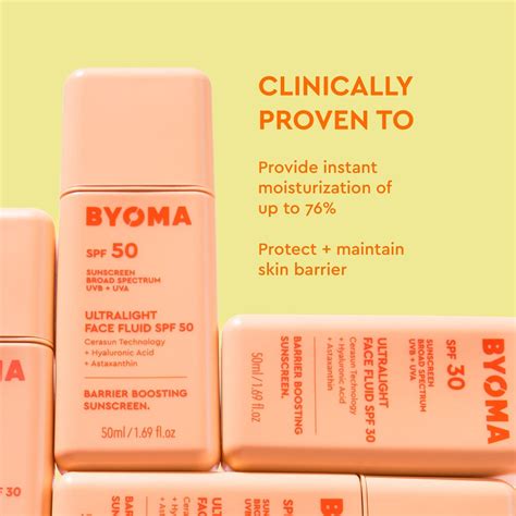 Product shot of BYOMA Ultralight Face Fluid SPF50 bottle with its signature bright packaging