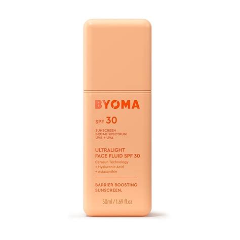 Split image showing the BYOMA sunscreen applied to skin with and without makeup, highlighting its seamless finish