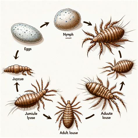 Illustration showing the three life stages of head lice: nits attached to hair, nymphs, and adult lice.