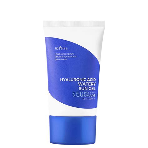 Infographic detailing the key ingredients and their benefits in Isntree Hyaluronic Acid Watery Sun Gel