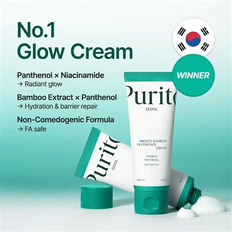 Before and after photos of skin treated with PURITO Mighty Bamboo Panthenol Cream, showing reduced redness and improved hydration.