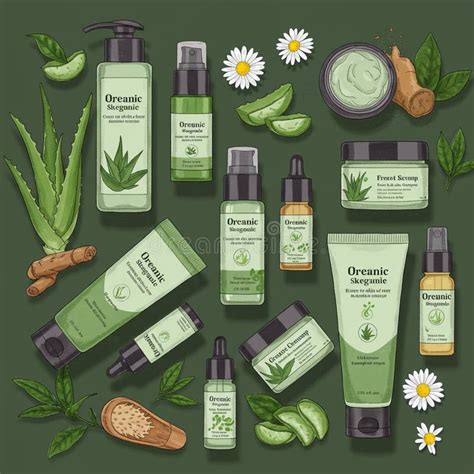 various skincare products like serums, lotions, and facial sprays, some with chamomile-themed packaging