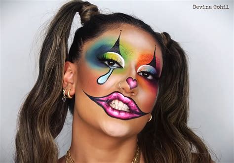 A collage of creative clown makeup details like hearts, stars, and teardrops