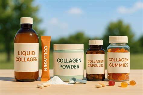 Comparison chart of different collagen supplement forms (powder, capsule, liquid, gummy).