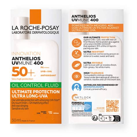 Close-up of a bottle of La Roche-Posay Anthelios UVMune Oil Control Fluid SPF50+ with a matte finish.