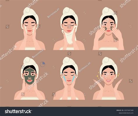 Step-by-step illustration of applying a clay mask.