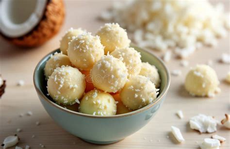 A close-up shot of rich, white coconut cream in a wooden bowl, with a few fresh coconut flakes scattered around.
