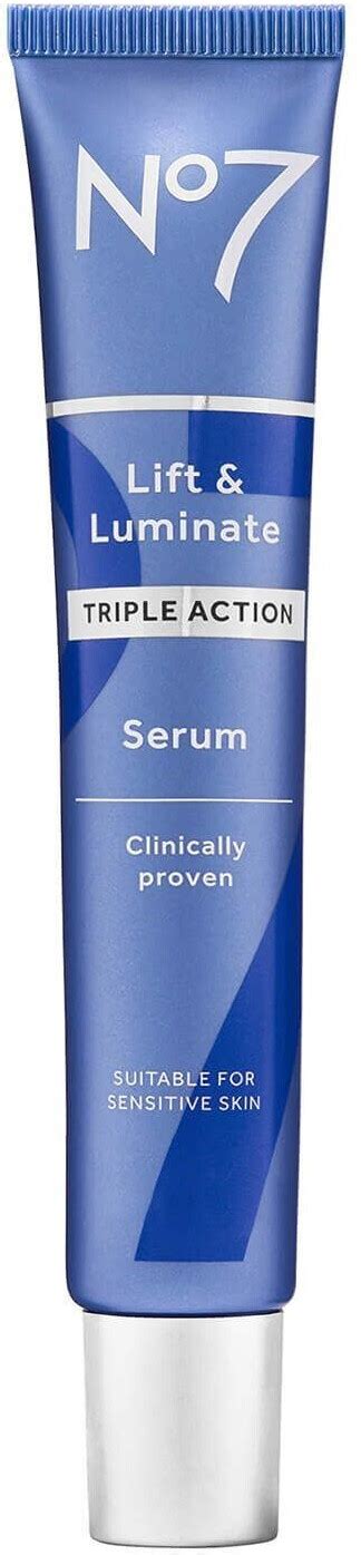 A close-up shot of the No7 Lift & Luminate Triple Action Serum bottle, highlighting its packaging and texture.
