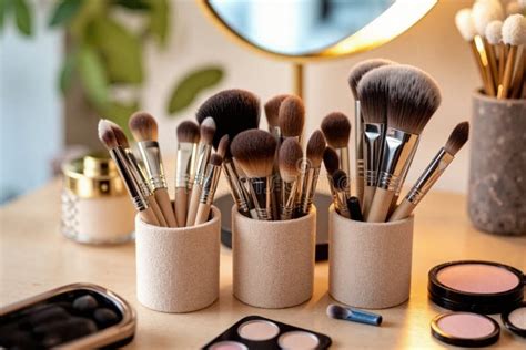 An aesthetically pleasing vanity counter with various makeup brushes neatly stored in different holders.