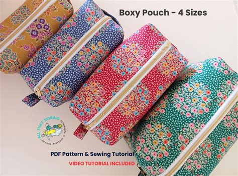 A variety of finished boxy cosmetic bags in different sizes and fabrics.