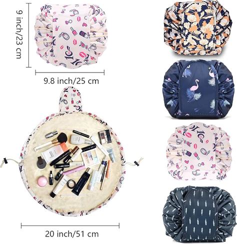A drawstring makeup bag shown both open as a mat and closed for carrying.