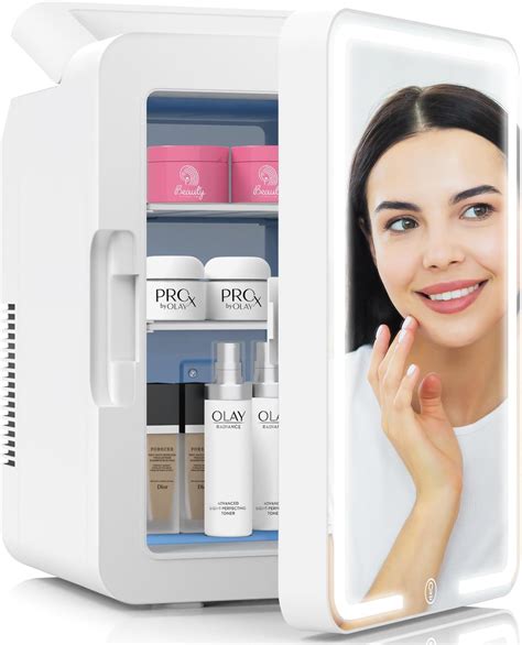 Illustration of a modern skincare refrigerator with various cosmetic products inside.