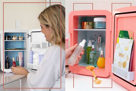 Close-up of adjustable shelves inside a skincare refrigerator, showcasing different color options.