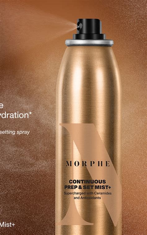 Aesthetic shot of the MORPHE Continuous Prep & Set Mist+ bottle, highlighting its sleek design and the continuous spray mechanism.