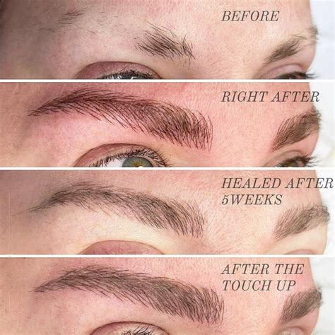 Close-up image of microbladed eyebrows with a light scab formation, indicating the healing process.