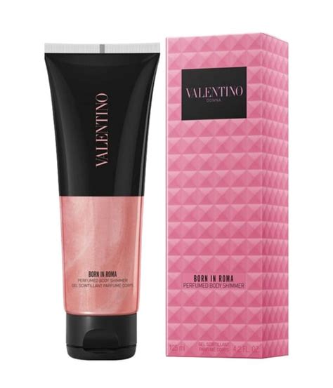 Illustration of the Valentino Donna Born in Roma Shimmer Body Lotion bottle with shimmering particles.