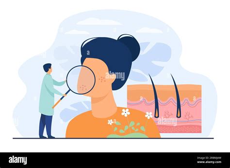 Illustration of a dermatologist examining a patient's skin with a magnifying tool