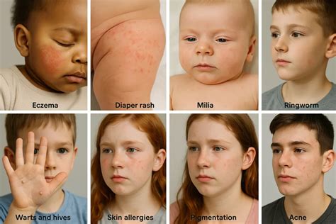 Collage of images showing common pediatric skin conditions like eczema and birthmarks