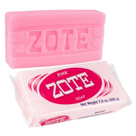 A bright pink bar of Zote soap with a floral pattern