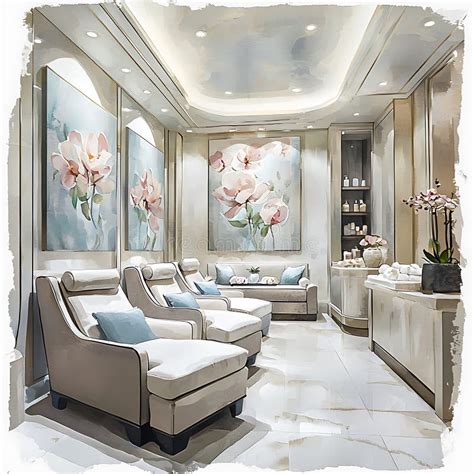 Interior of a luxurious spa waiting area with comfortable seating and coffee station