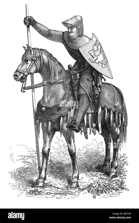 Illustration of a historical French knight and his horse by a natural spring