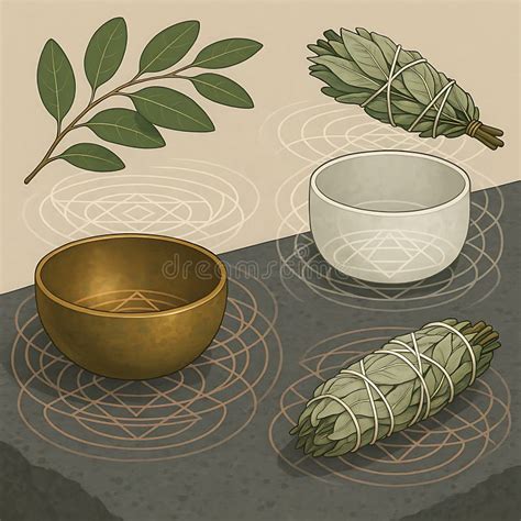Illustration depicting various types of sage bundles and cleansing tools like shells and feathers.
