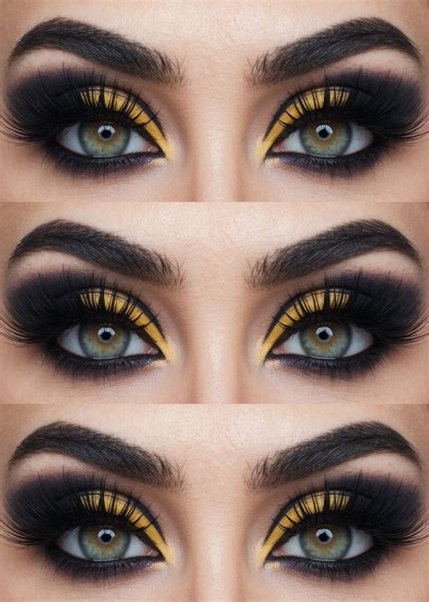 Close-up of dramatic fairy eyelashes with green and yellow eyeshadow.