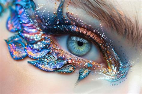 Close-up of fairy makeup featuring glitter, pearls, and intricate eye detailing.