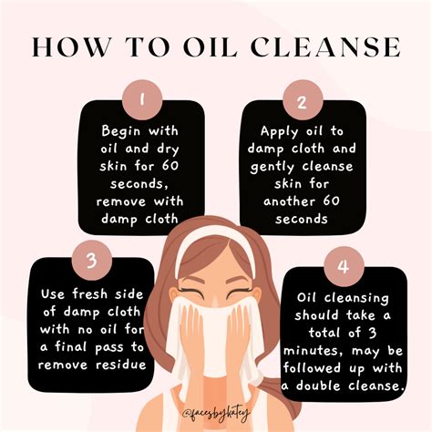 Illustration showing the steps of the oil cleansing method.