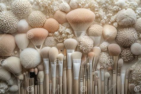 A collection of various makeup brushes and tools neatly arranged.