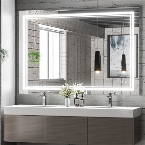 A vanity mirror with integrated LED lighting, showing adjustable angles.