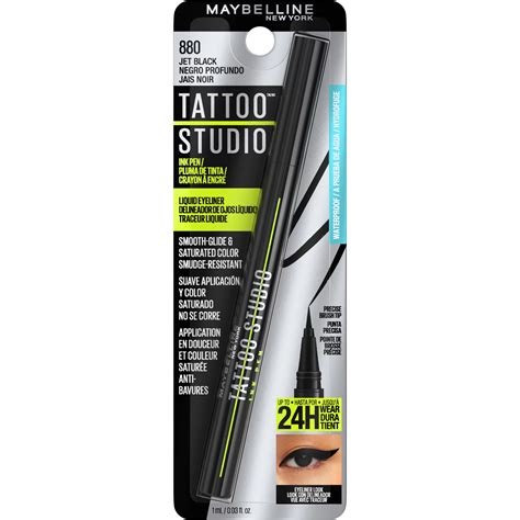 Comparison swatches of Maybelline Tattoo Studio Liquid Ink Eyeliner and Avon Mark The Big Gel Paint Pencil