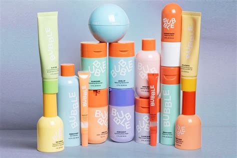 Colorful and youthful packaging of Bubble Skincare products, featuring teal, black, white, and orange accents.