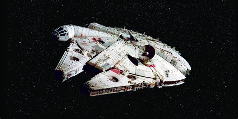 The Millennium Falcon in flight, emphasizing its iconic and weathered appearance.