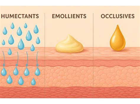 Infographic illustrating the functions of humectants, emollients, and occlusives in skin hydration.