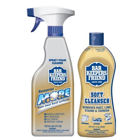 Infographic detailing the chemical components and cleaning action of Bar Keepers Friend Soft Cleanser.