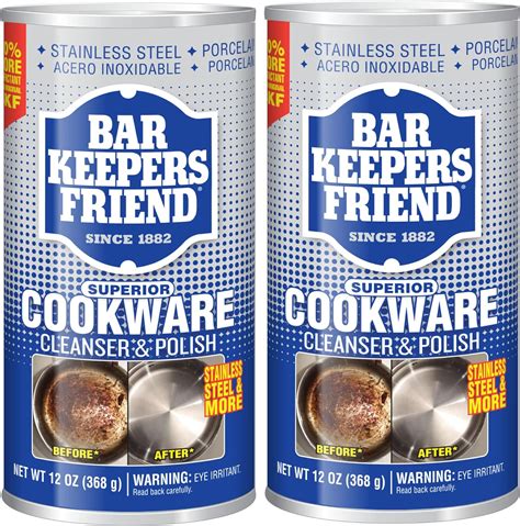 Before and after photos of stainless steel knives and flatware cleaned with Bar Keepers Friend Soft Cleanser, showing rust removal and restored shine.