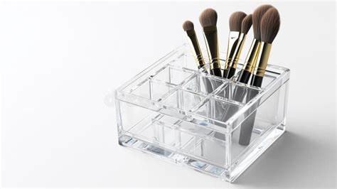 Close-up of clean, organized makeup brushes in a clear acrylic holder.