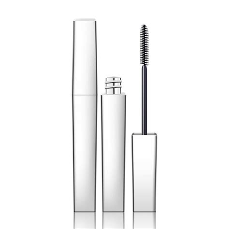 Sleek silver mascara tube with an irregular ergonomic shape